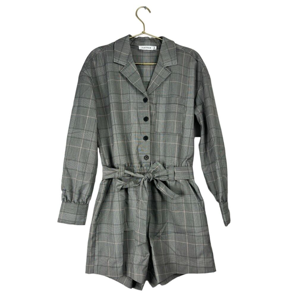 JustFab‎ Plaid Romper Womens M Belted Button Front Long Sleeve Gray Preppy WP637